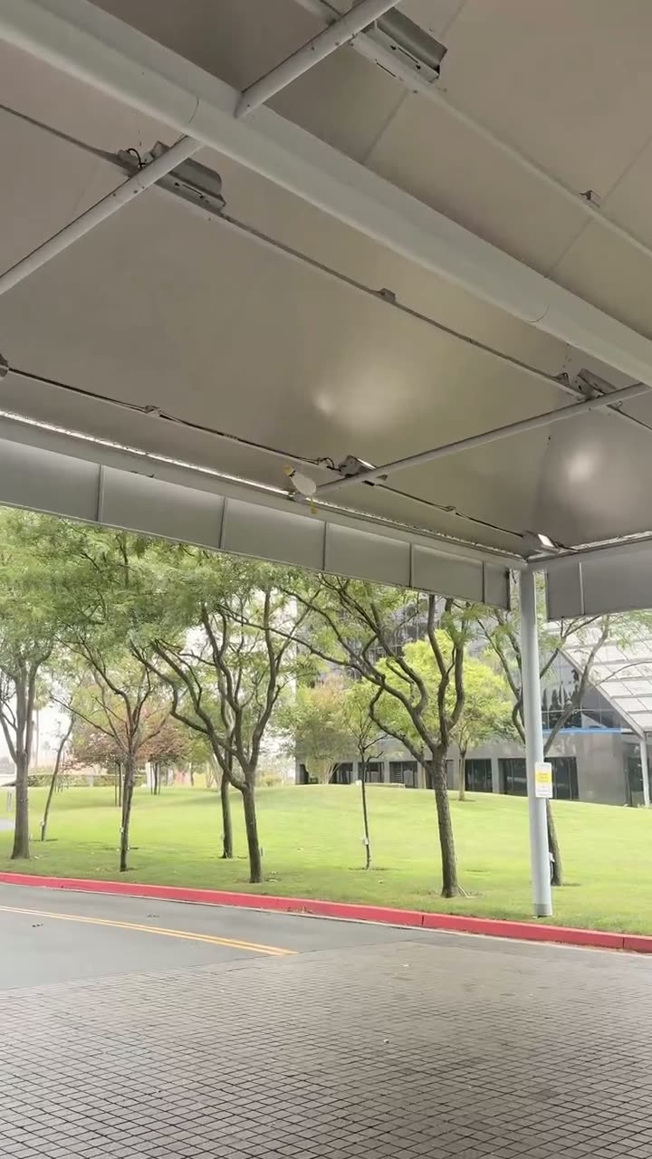 A short clip looking up at the canopy over the Westin arrival area as a small balloon drifts along the underside and out from under the roof