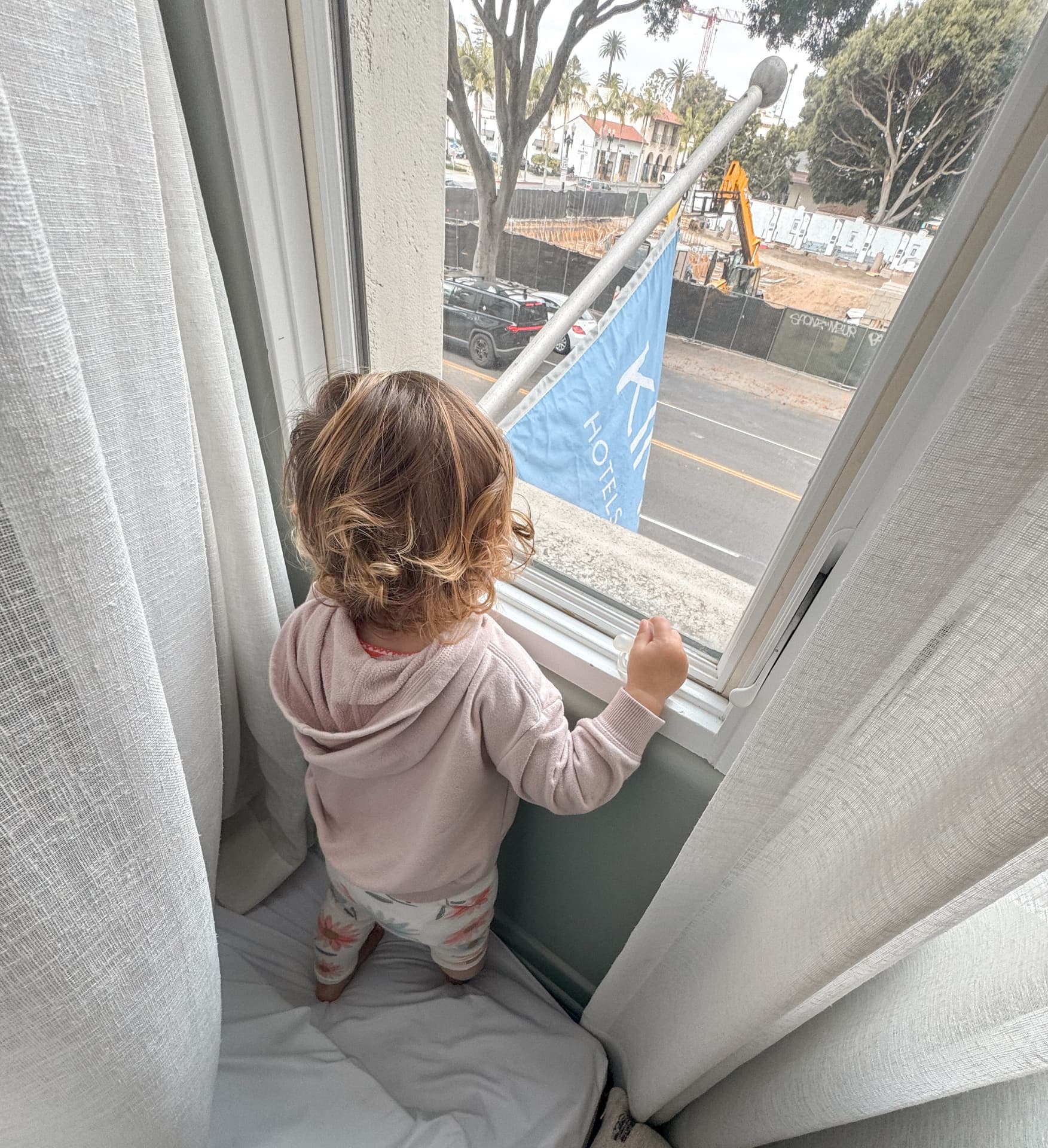 Amelia standing on the window seat of the hotel room, holding the sill and looking out at the street and palm trees below