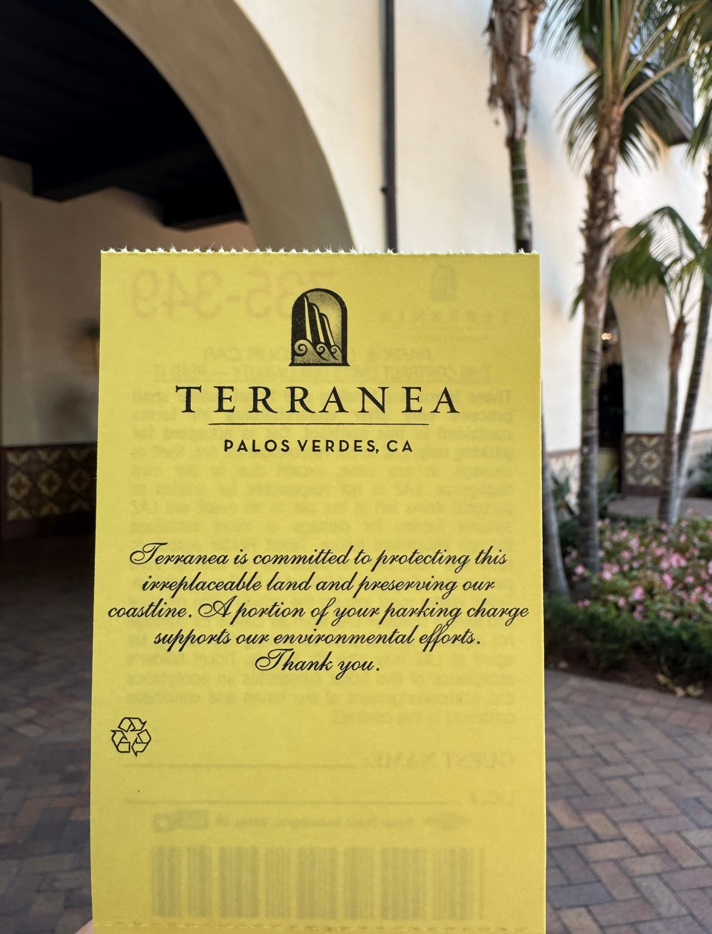 Our Terranea parking receipt, noting that a portion of the charge supports the resort's environmental efforts