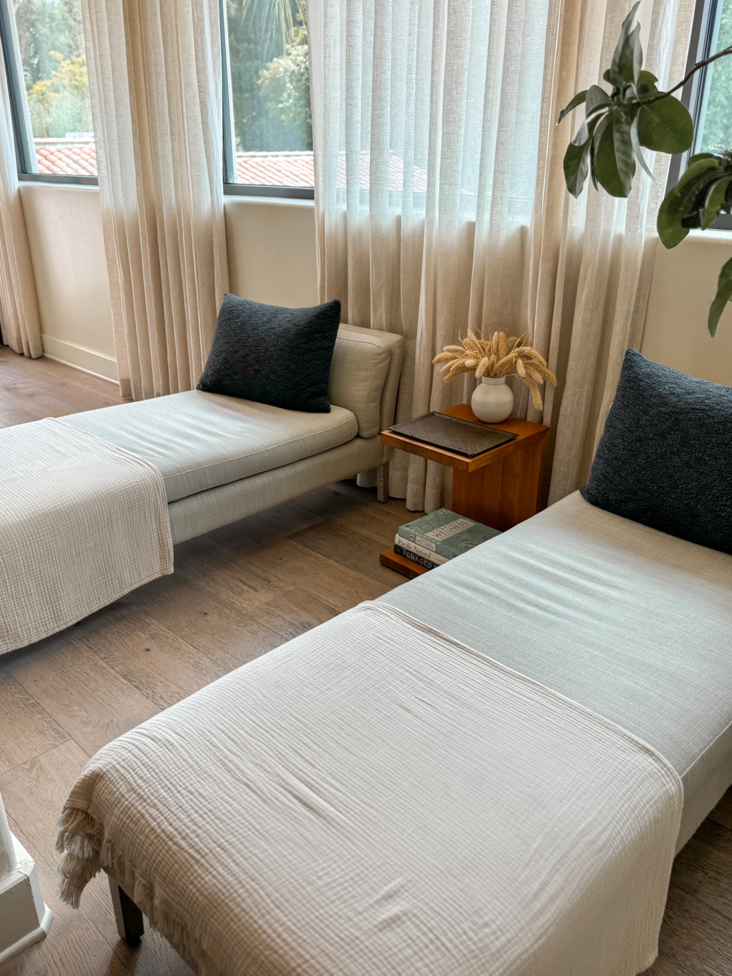 Loungers and interior detail at Ojai Valley Inn in afternoon light