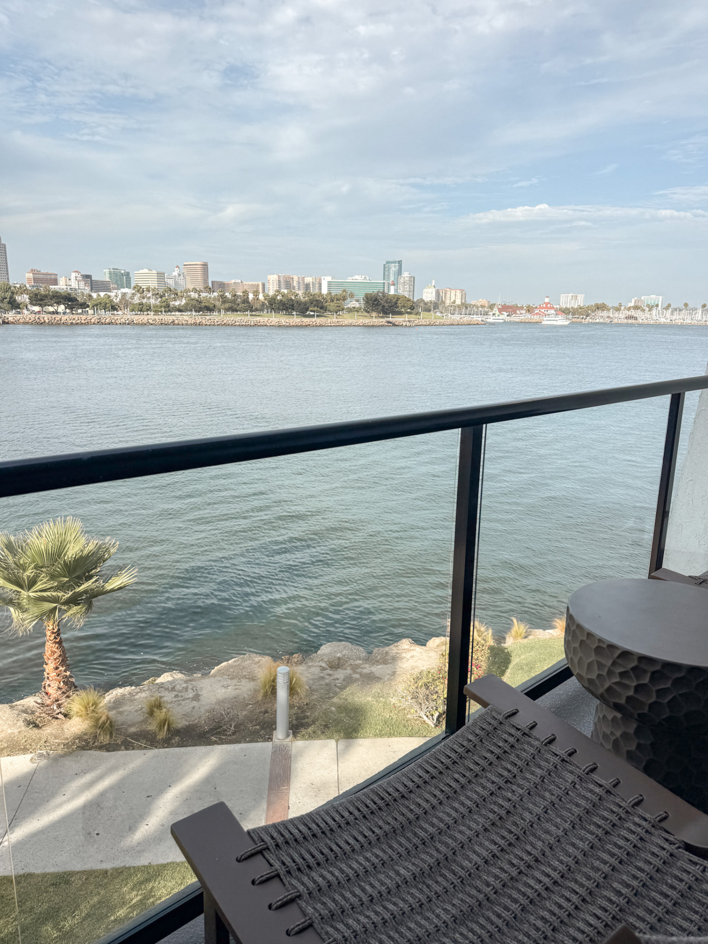A room balcony at The Maya looking out over the water toward Long Beach
