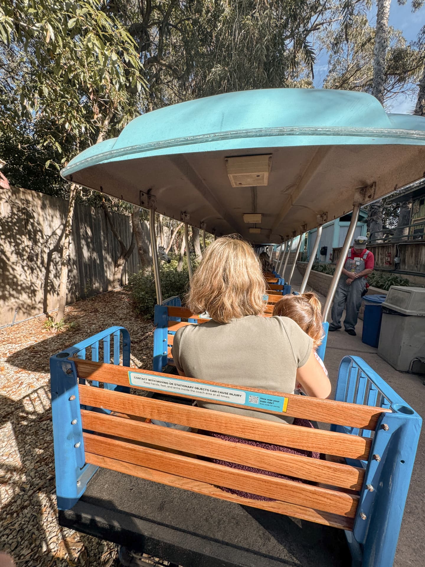 The view from the back bench of the narrated train at the Santa Barbara Zoo as it runs beneath eucalyptus trees